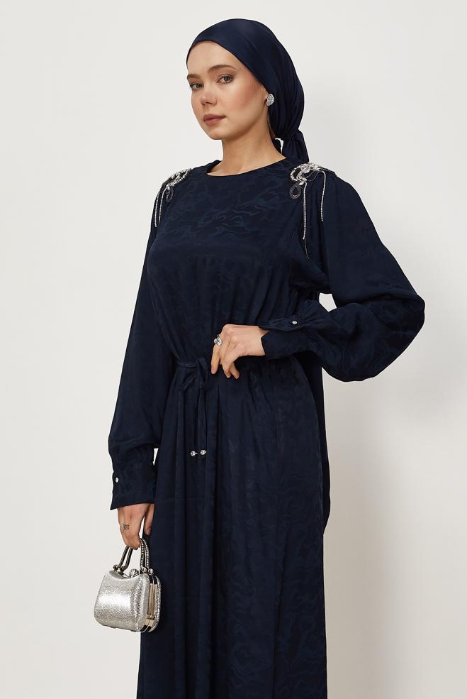 Hijab clothing NAVY BLUE BELTED JACQUARD DRESS 46509 - ALVİNA