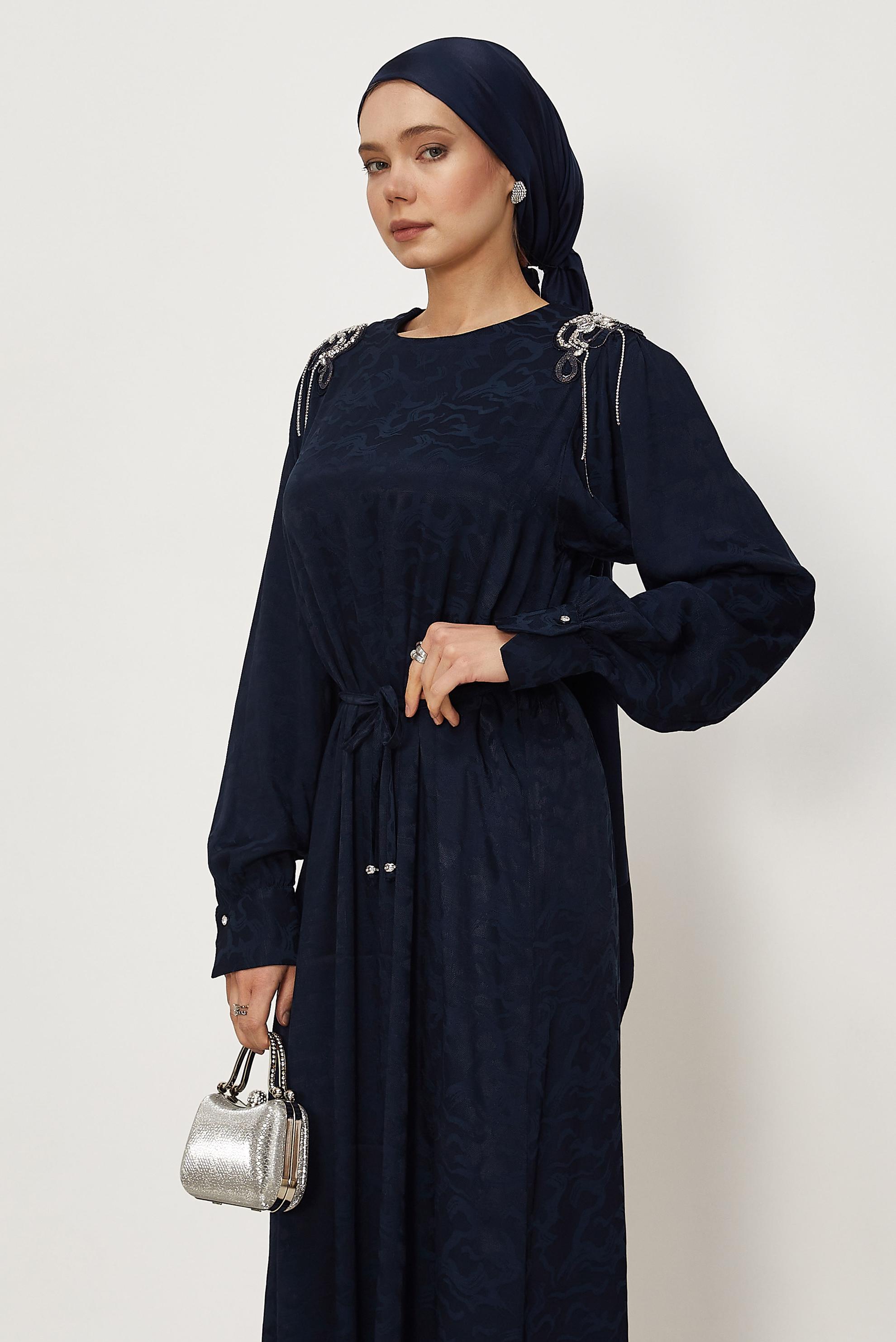 Hijab clothing NAVY BLUE BELTED JACQUARD DRESS 46509