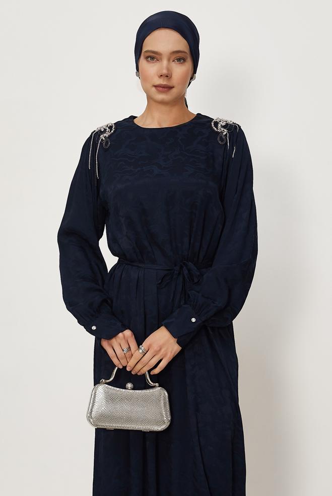 Hijab clothing NAVY BLUE BELTED JACQUARD DRESS 46509 - ALVİNA