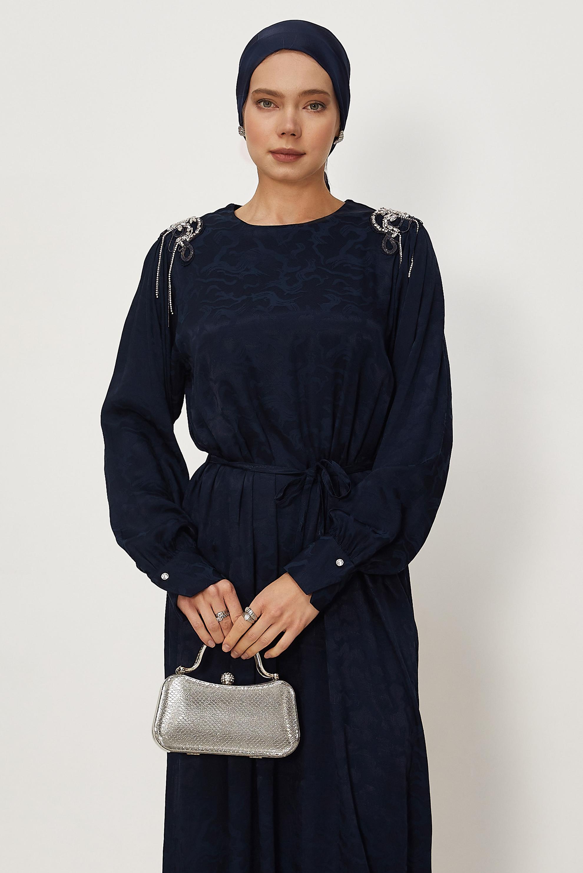 Hijab clothing NAVY BLUE BELTED JACQUARD DRESS 46509