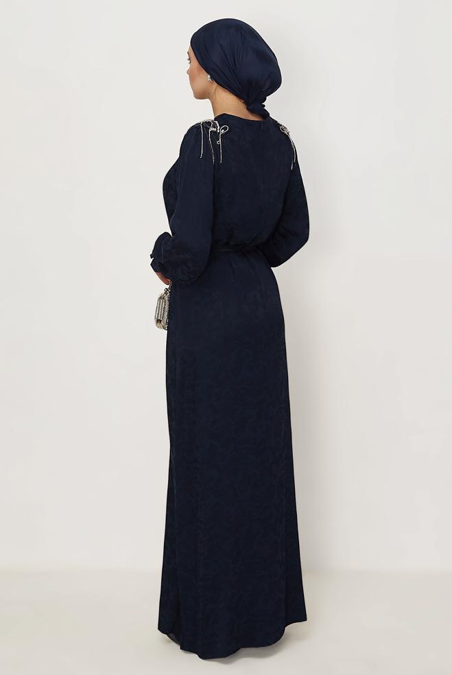 Hijab clothing NAVY BLUE BELTED JACQUARD DRESS 46509 - ALVİNA