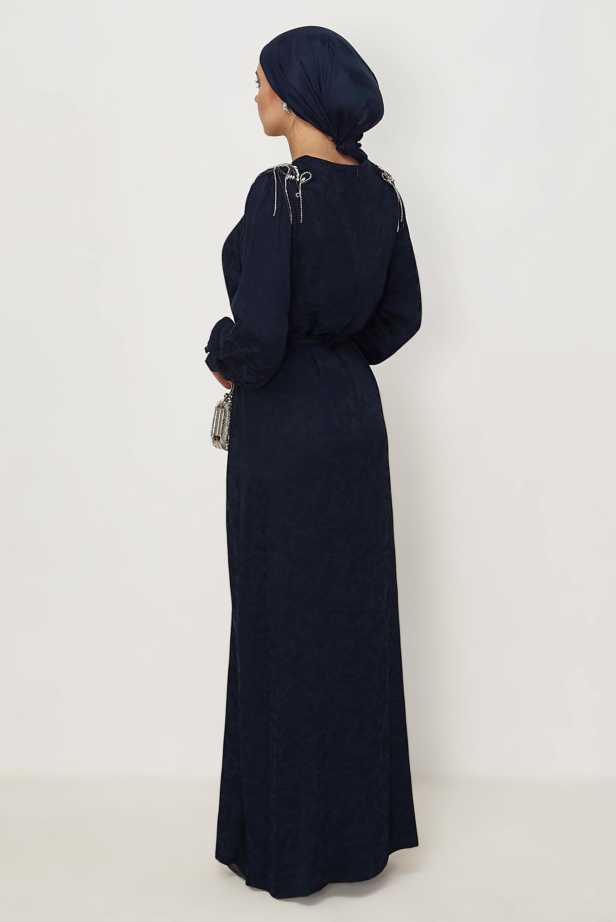 Hijab clothing NAVY BLUE BELTED JACQUARD DRESS 46509
