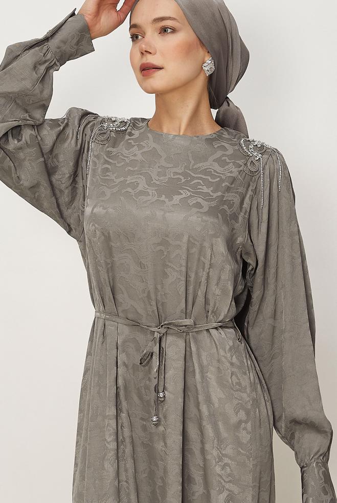 Hijab clothing MINK BELTED JACQUARD DRESS 46509 - ALVİNA