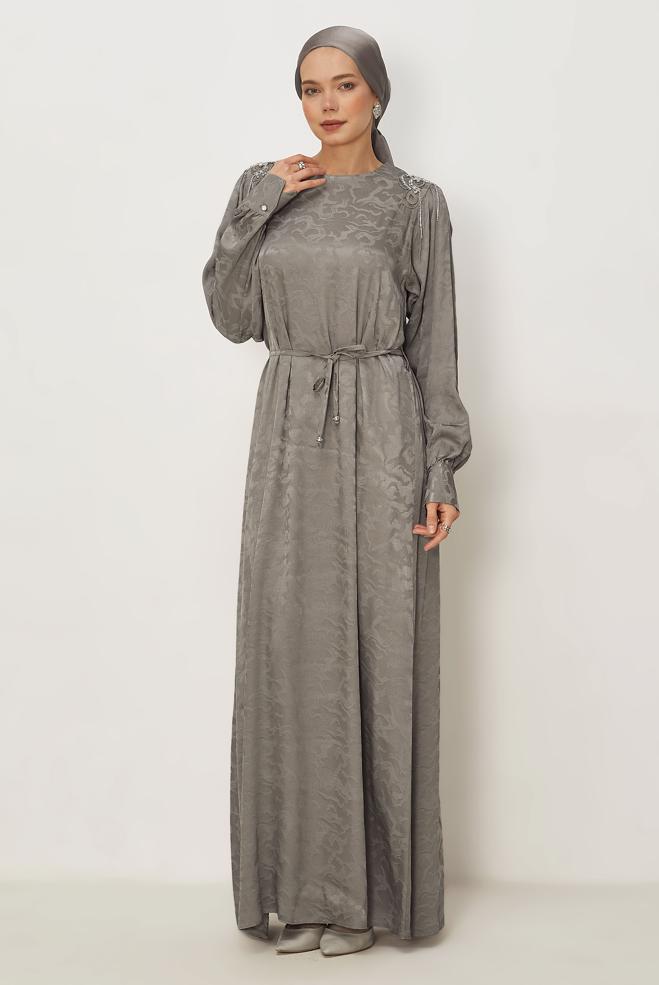 Hijab clothing MINK BELTED JACQUARD DRESS 46509 - ALVİNA