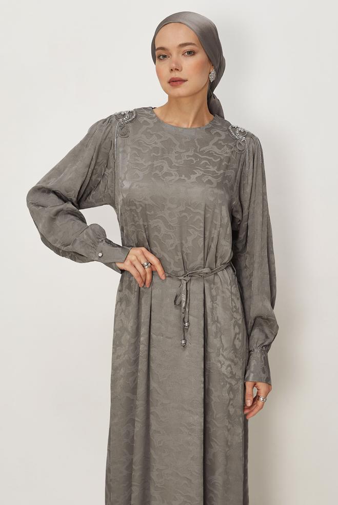 Hijab clothing MINK BELTED JACQUARD DRESS 46509 - ALVİNA