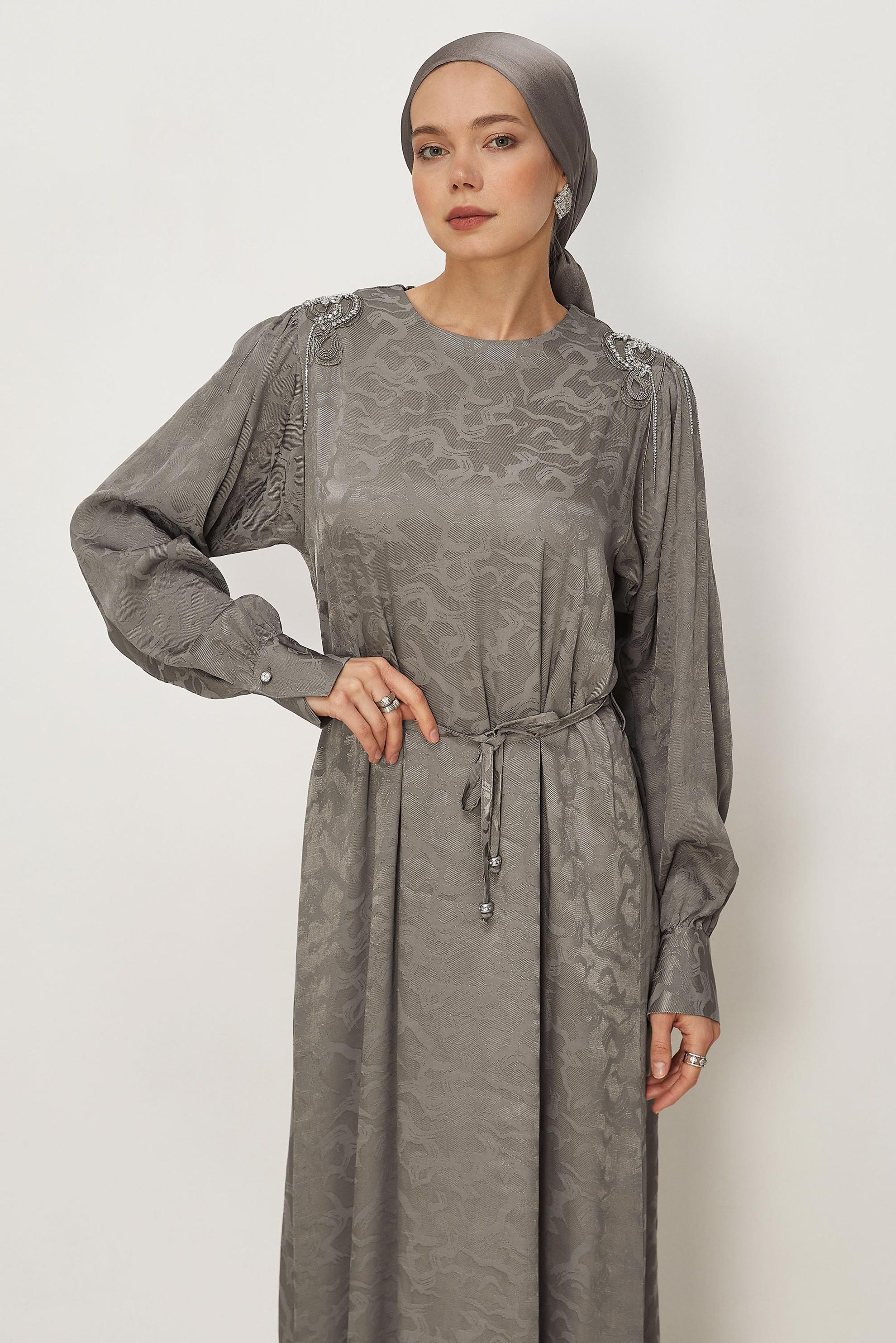 Hijab clothing MINK BELTED JACQUARD DRESS 46509