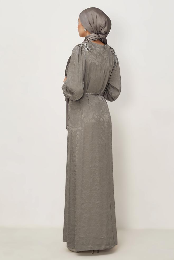 Hijab clothing MINK BELTED JACQUARD DRESS 46509 - ALVİNA