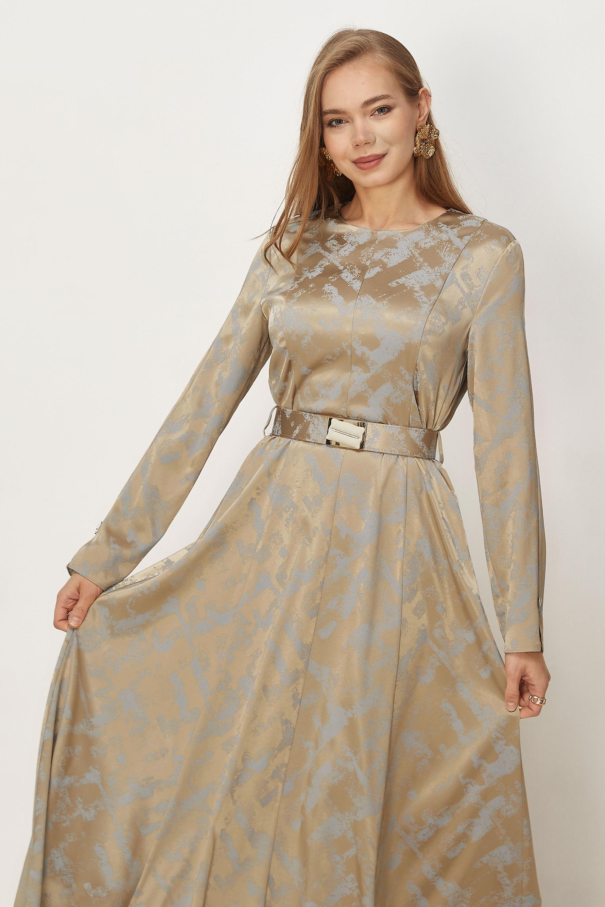 Hijab-Kleidung BEIGE SATIN-JACQUARD-KLEID MIT GÜRTEL 46514