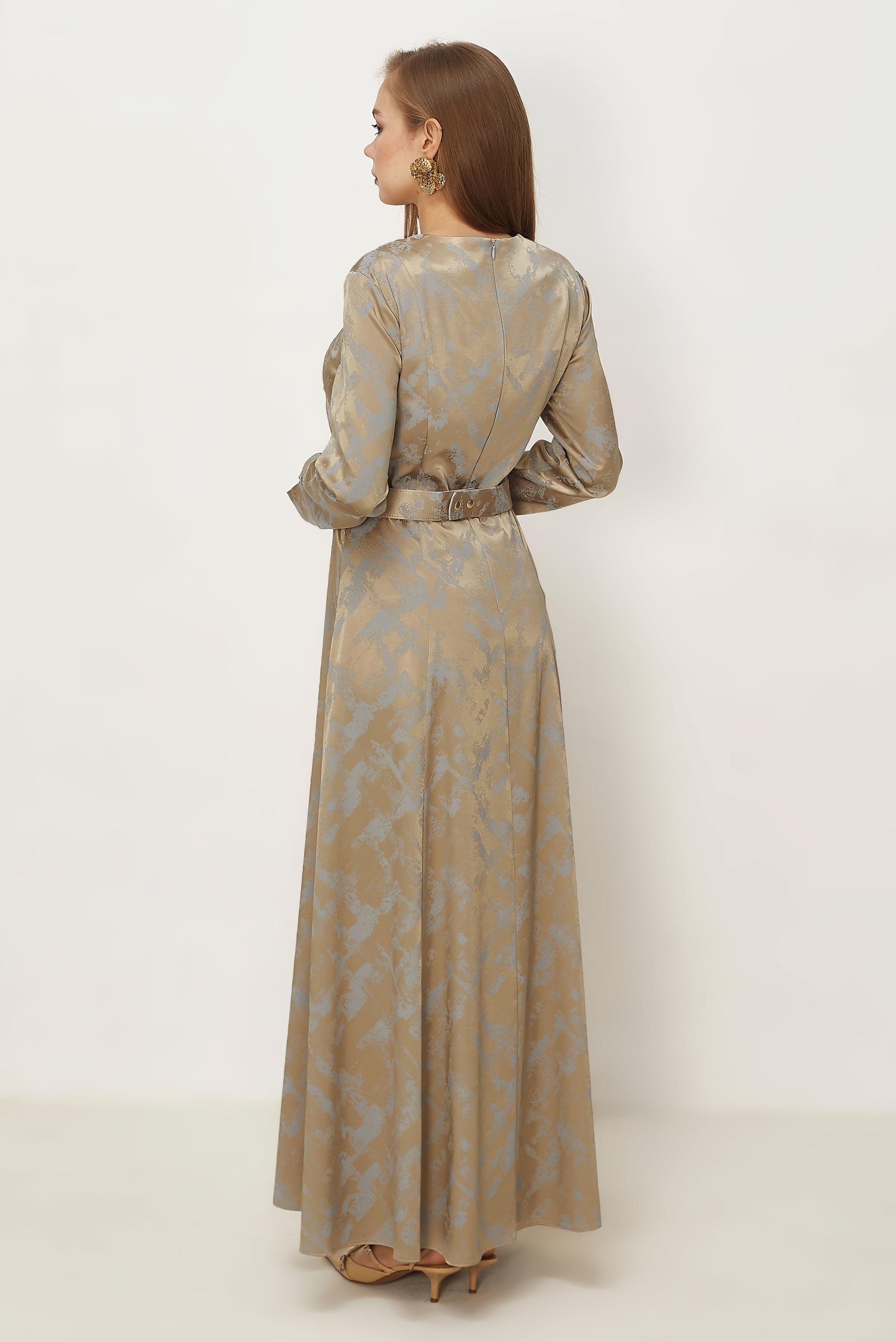 Hijab-Kleidung BEIGE SATIN-JACQUARD-KLEID MIT GÜRTEL 46514