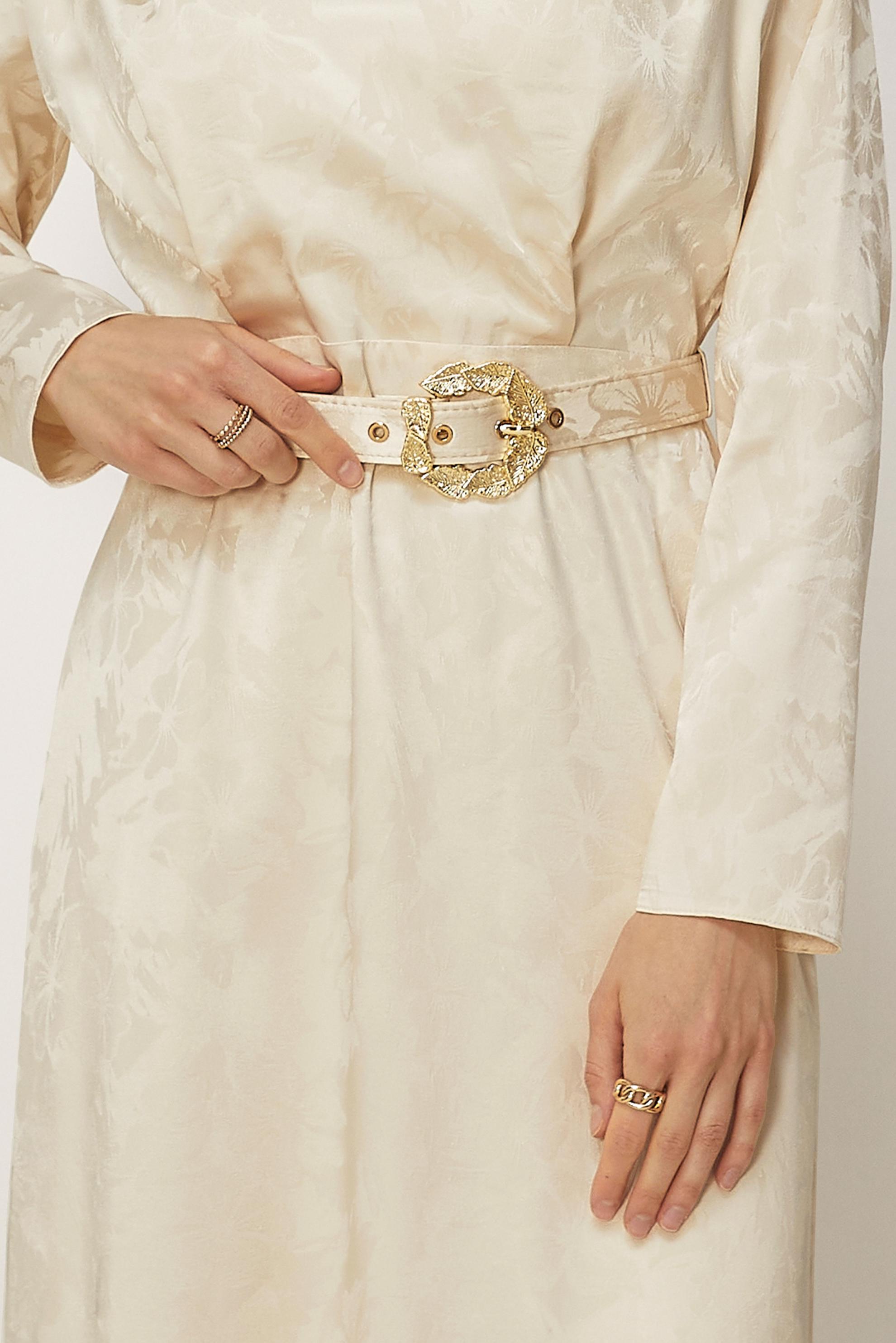 Hijab-Kleidung BEIGE SATIN-JACQUARD-KLEID MIT GÜRTEL 46517