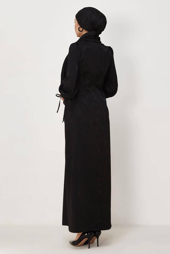 Hijab clothing BLACK SATIN JACQUARD DRESS 46519 - ALVİNA