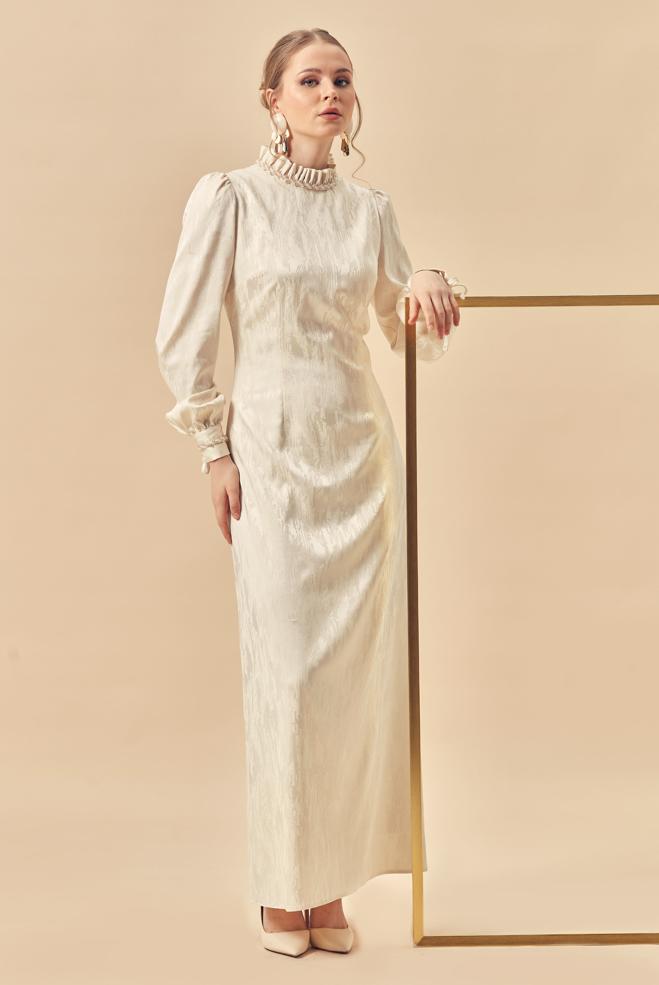 Hijab clothing BEIGE SATIN JACQUARD DRESS 46519 - ALVİNA