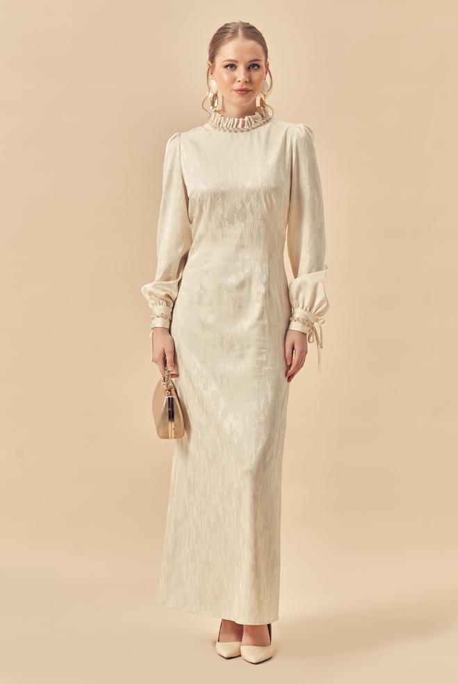 Hijab clothing BEIGE SATIN JACQUARD DRESS 46519 - ALVİNA