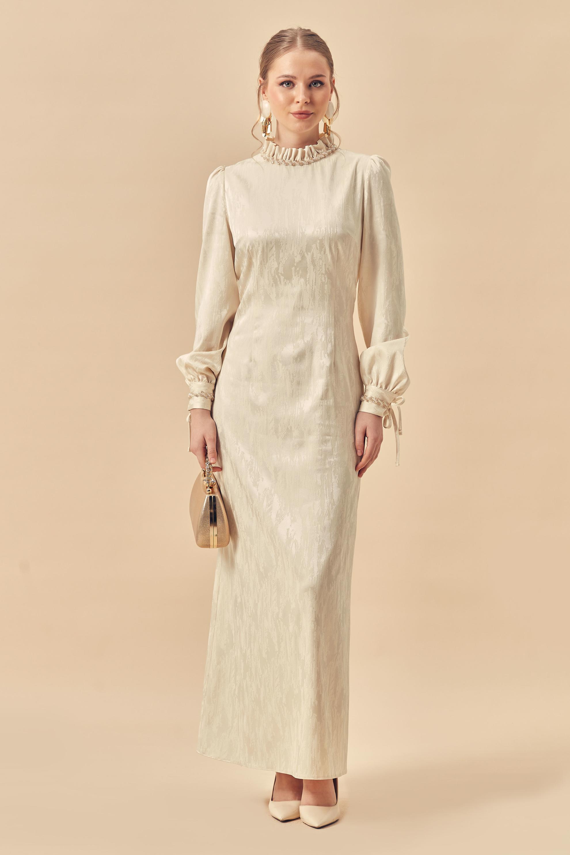 Hijab clothing BEIGE SATIN JACQUARD DRESS 46519