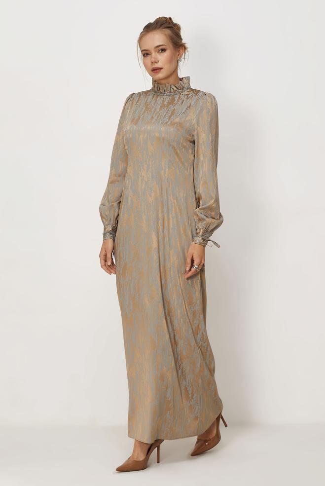 Hijab clothing BEIGE SATIN JACQUARD DRESS 46519 - ALVİNA