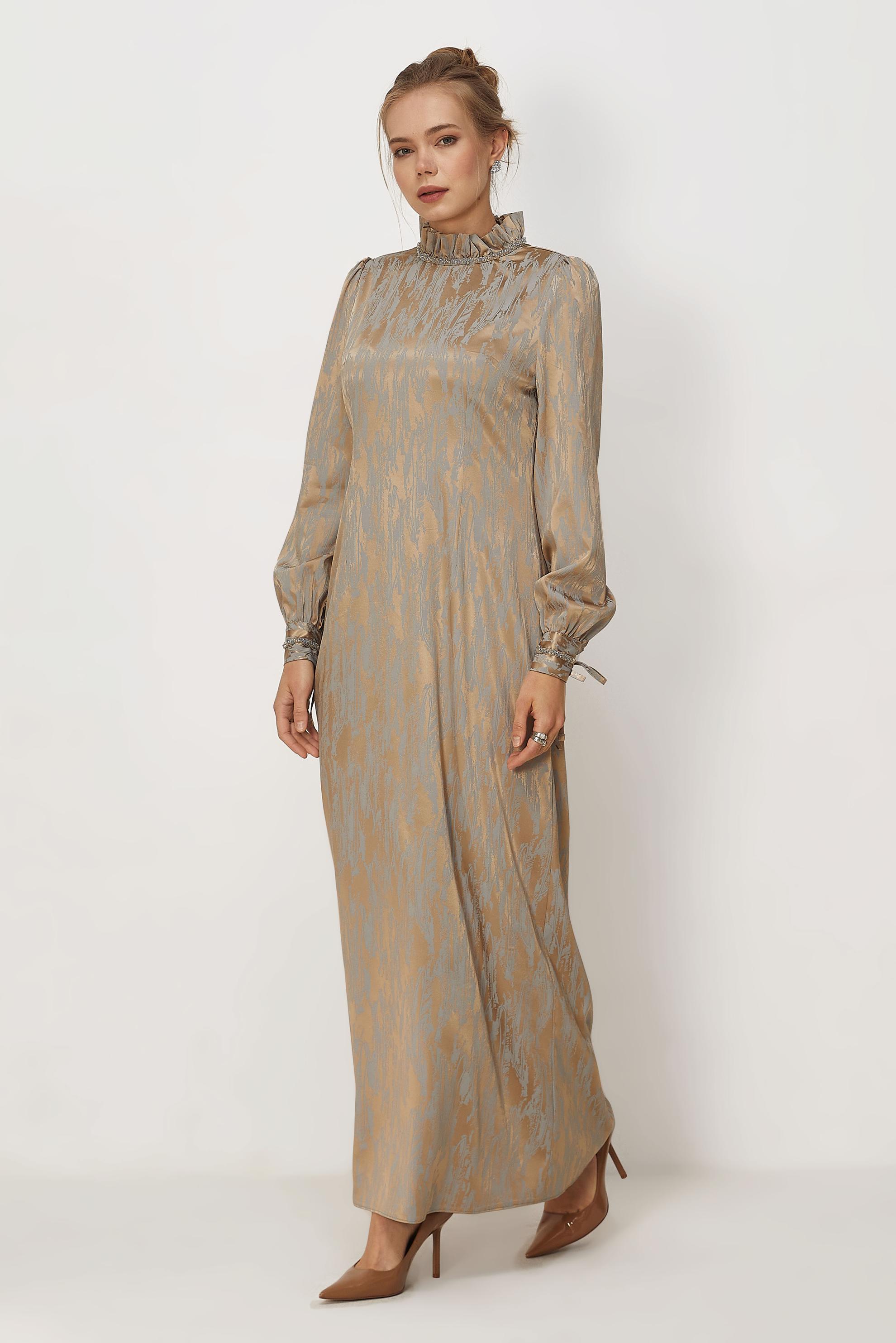 Hijab clothing BEIGE SATIN JACQUARD DRESS 46519