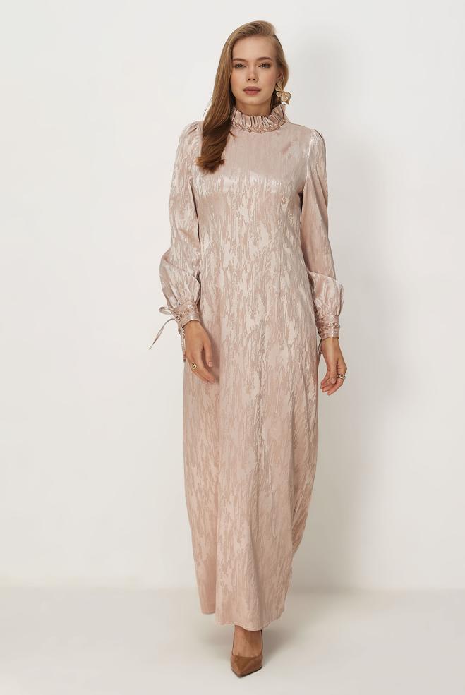 Hijab clothing BEIGE SATIN JACQUARD DRESS 46519 - ALVİNA
