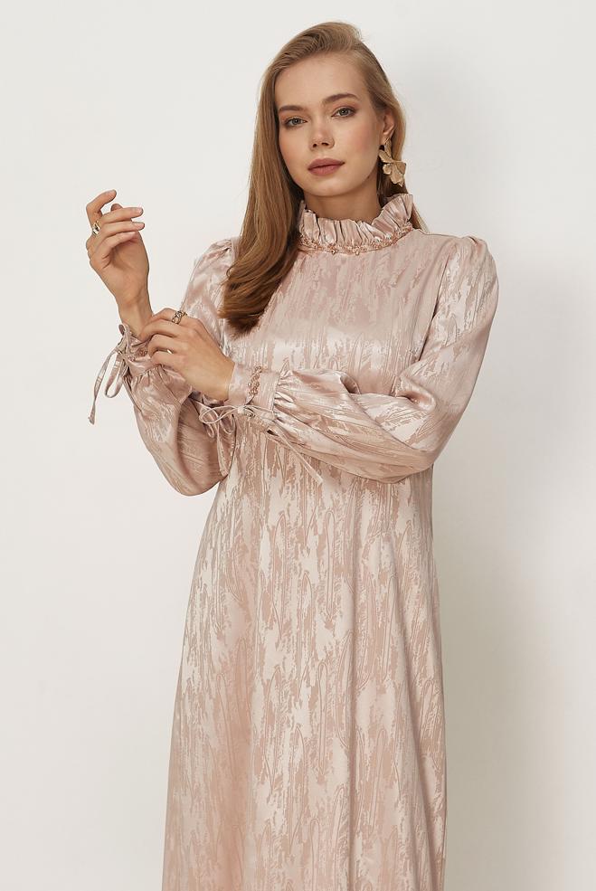 Hijab clothing BEIGE SATIN JACQUARD DRESS 46519 - ALVİNA