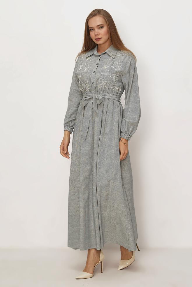 Hijab clothing BLACK COTTON BELTED DRESS 46526 - ALVİNA