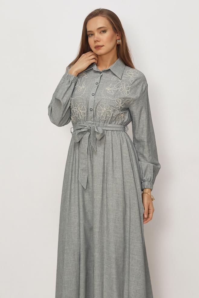 Hijab clothing BLACK COTTON BELTED DRESS 46526 - ALVİNA