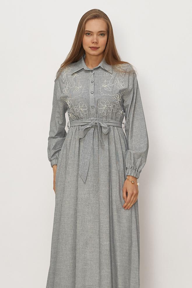 Hijab clothing BLACK COTTON BELTED DRESS 46526 - ALVİNA