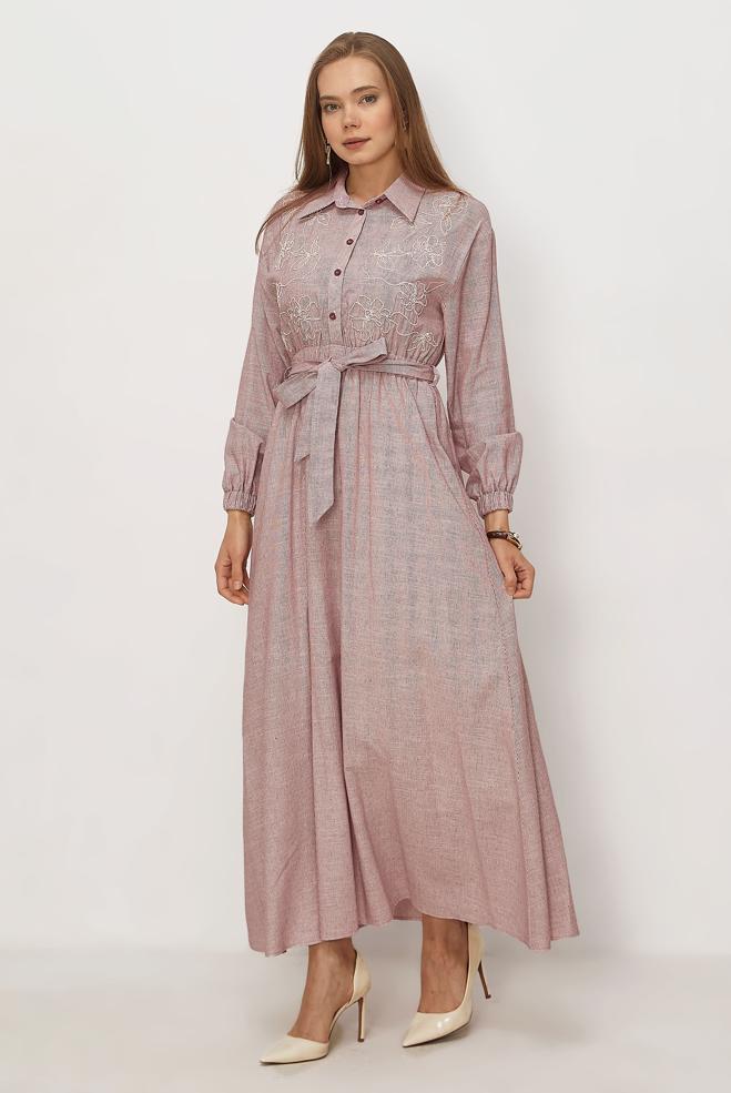 Hijab clothing BEIGE COTTON BELTED DRESS 46526 - ALVİNA