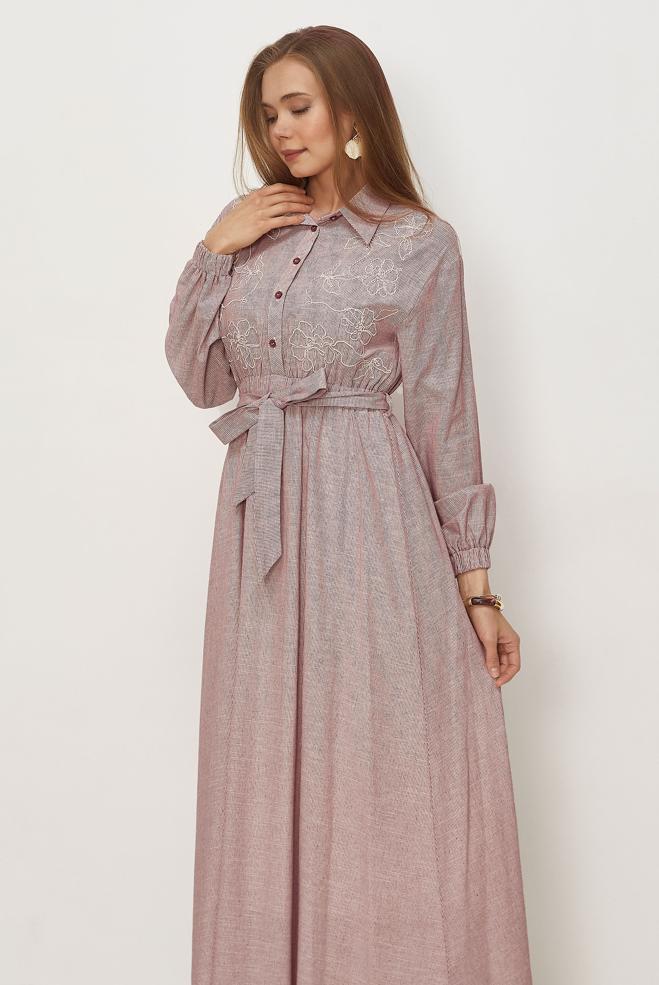 Hijab clothing BEIGE COTTON BELTED DRESS 46526 - ALVİNA