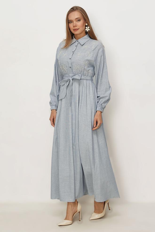 Hijab clothing NAVY BLUE COTTON BELTED DRESS 46526 - ALVİNA