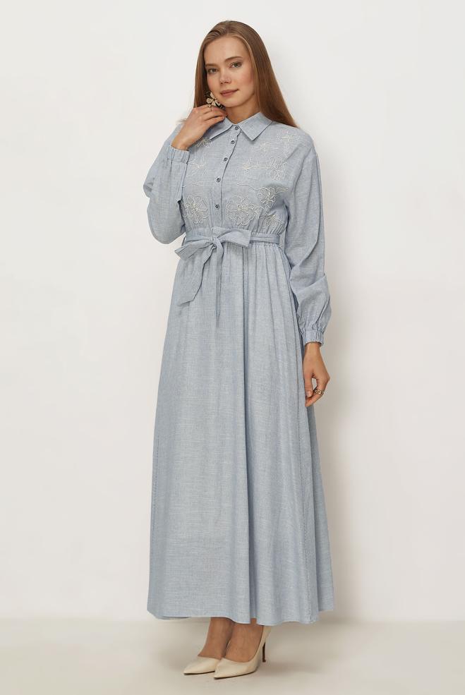 Hijab clothing NAVY BLUE COTTON BELTED DRESS 46526 - ALVİNA