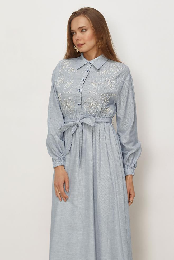 Hijab clothing NAVY BLUE COTTON BELTED DRESS 46526 - ALVİNA