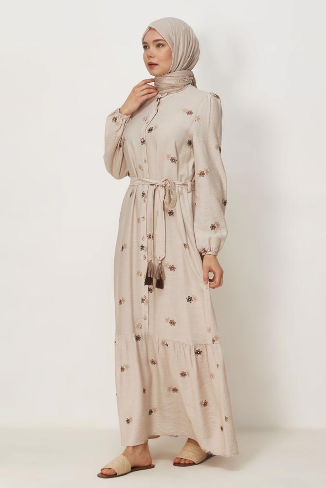 Hijab clothing BEIGE BELTED VISCOSE LINEN DRESS 46549 - ALVİNA