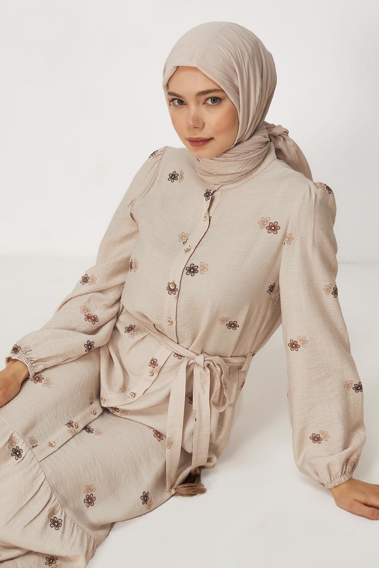 Hijab clothing BEIGE BELTED VISCOSE LINEN DRESS 46549