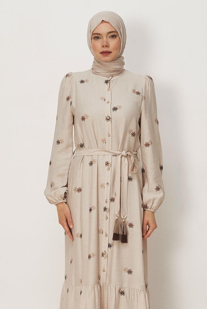 Hijab clothing BEIGE BELTED VISCOSE LINEN DRESS 46549 - ALVİNA