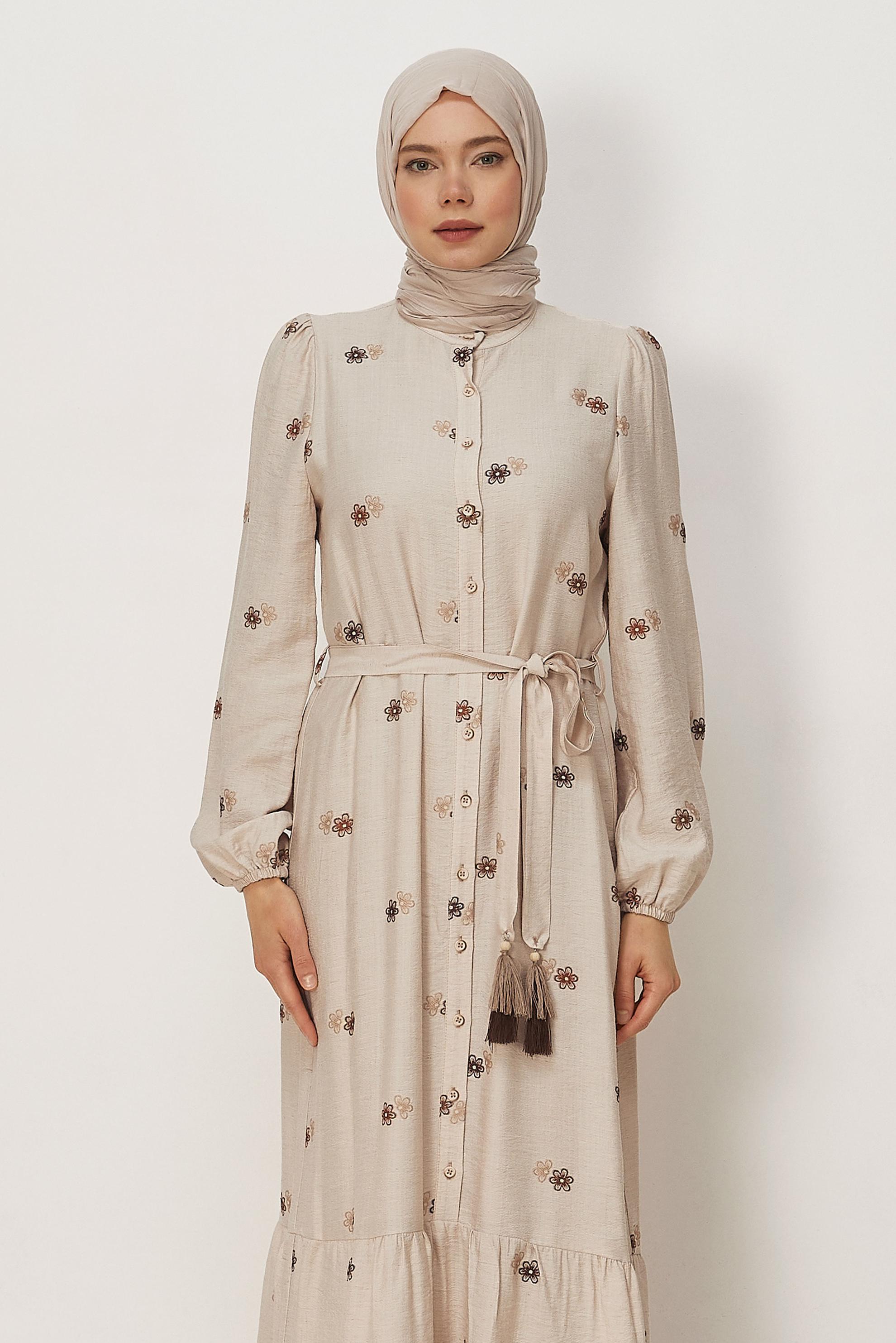 Hijab clothing BEIGE BELTED VISCOSE LINEN DRESS 46549