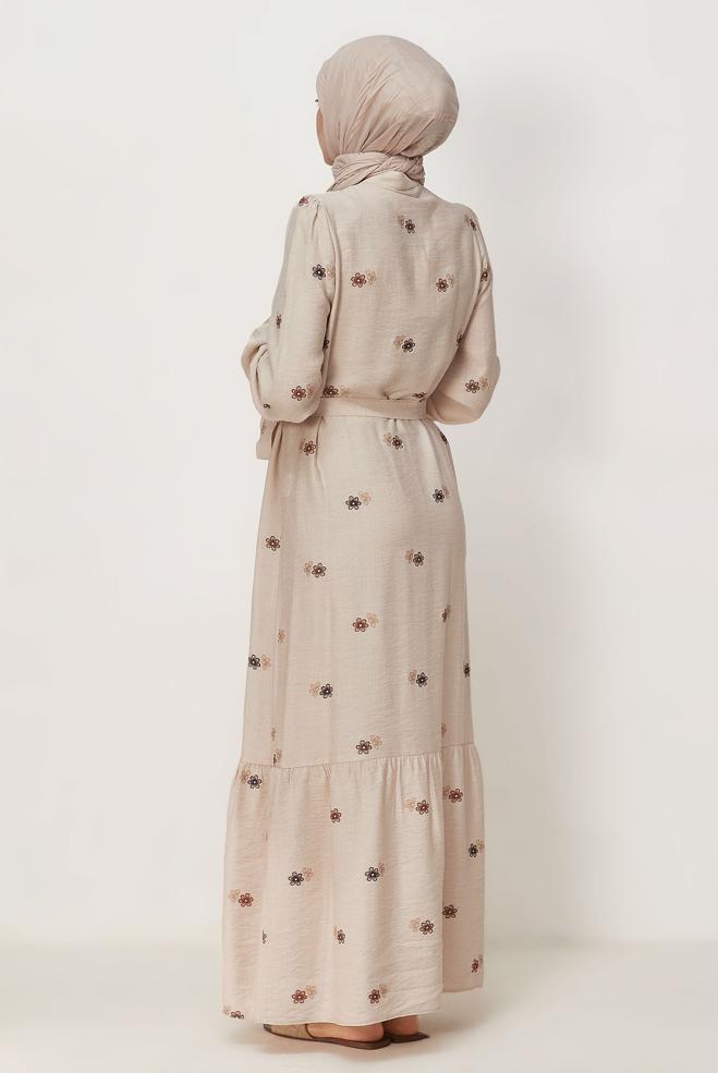Hijab clothing BEIGE BELTED VISCOSE LINEN DRESS 46549 - ALVİNA