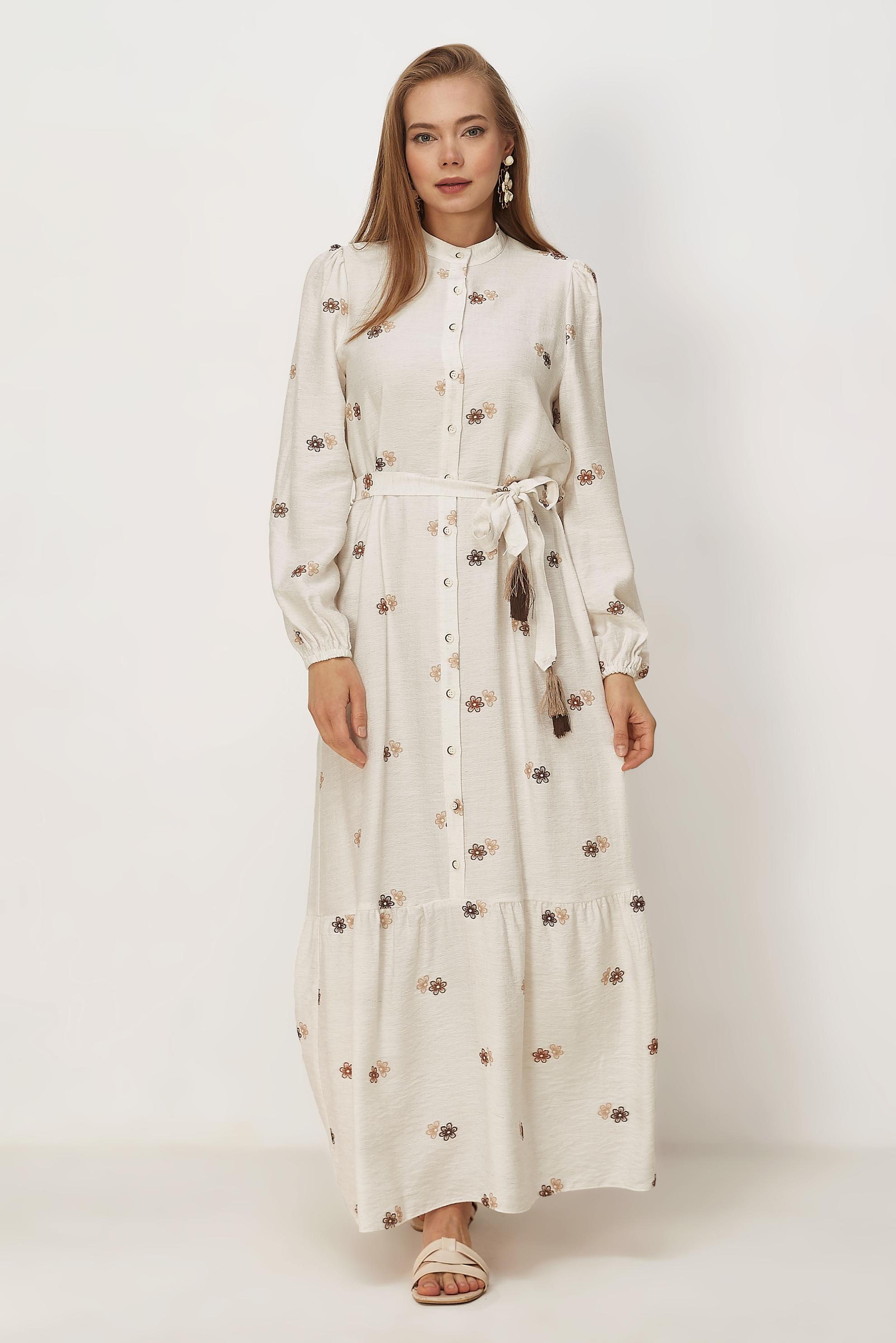 Hijab clothing BEIGE BELTED VISCOSE LINEN DRESS 46549