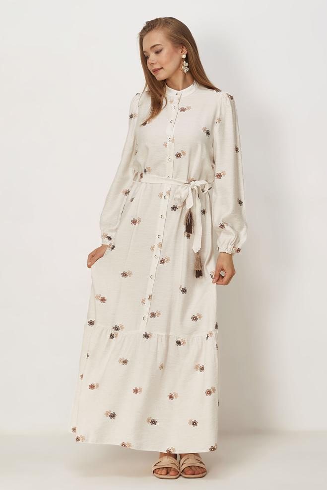 Hijab clothing BEIGE BELTED VISCOSE LINEN DRESS 46549 - ALVİNA