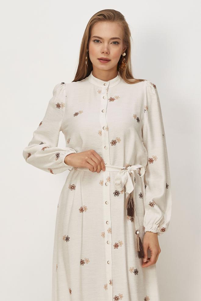 Hijab clothing BEIGE BELTED VISCOSE LINEN DRESS 46549 - ALVİNA