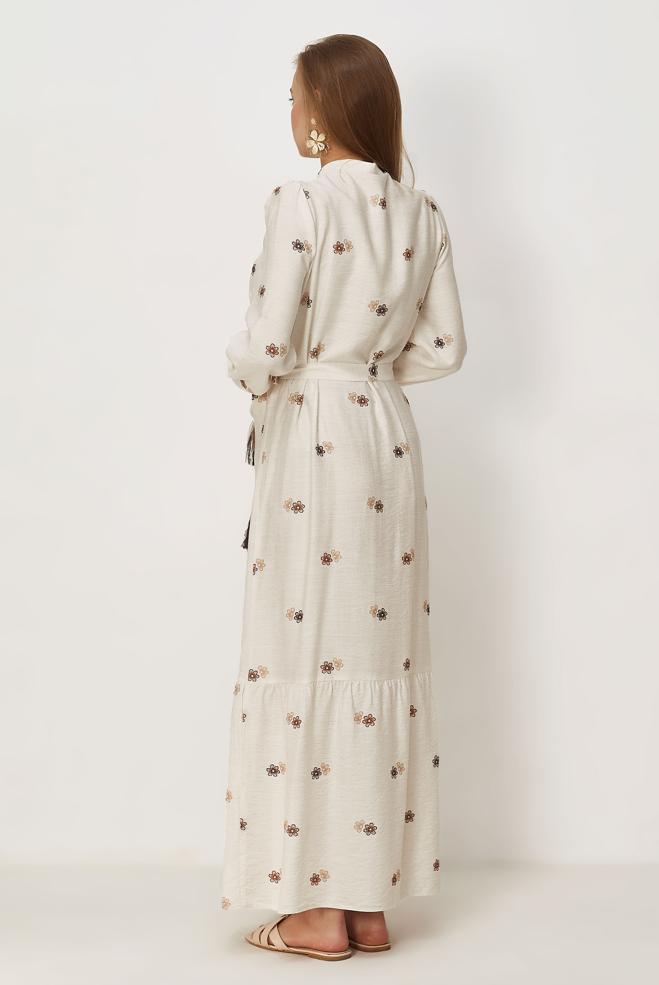 Hijab clothing BEIGE BELTED VISCOSE LINEN DRESS 46549 - ALVİNA