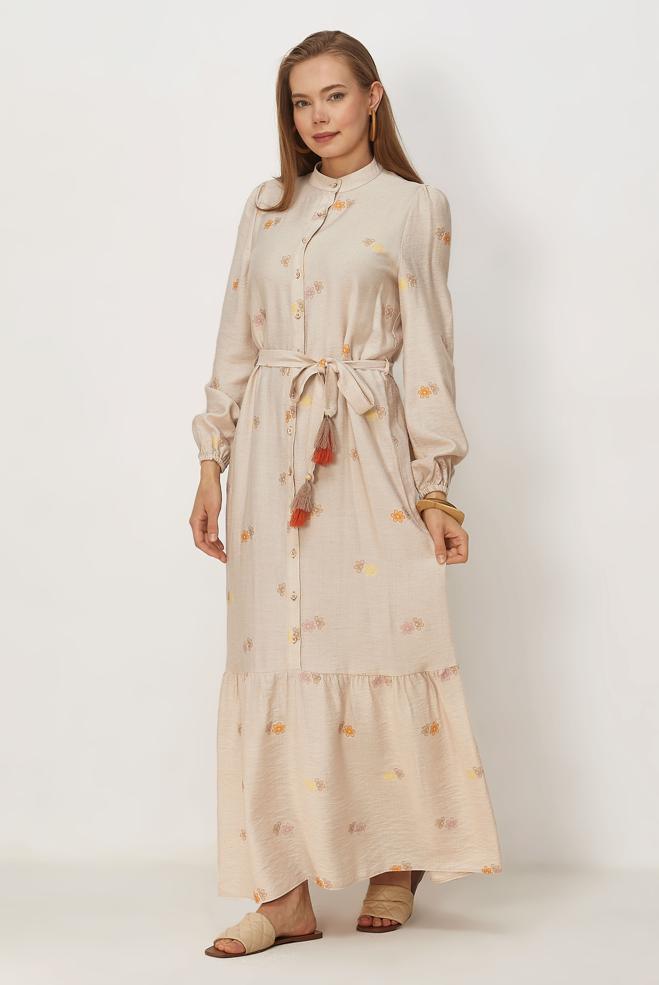 Hijab clothing BEIGE BELTED VISCOSE LINEN DRESS 46549 - ALVİNA