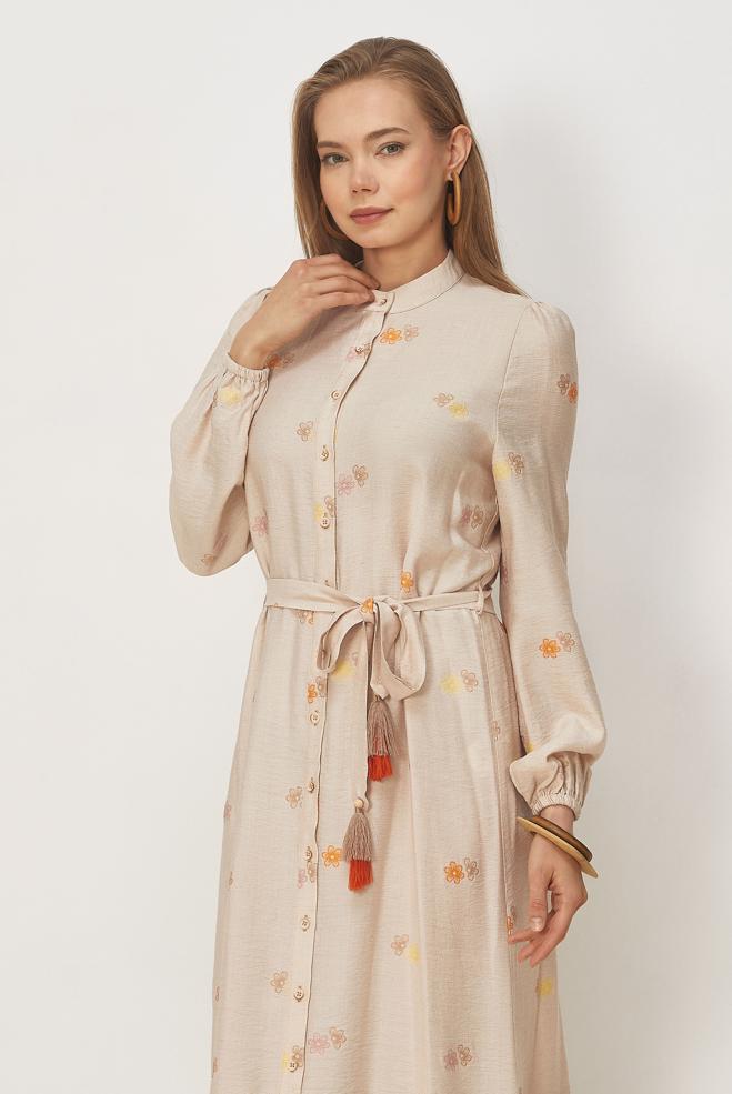 Hijab clothing BEIGE BELTED VISCOSE LINEN DRESS 46549 - ALVİNA