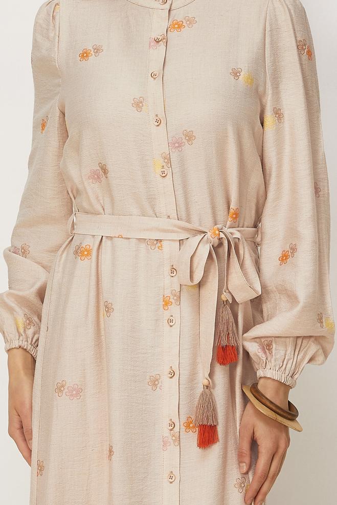 Hijab clothing BEIGE BELTED VISCOSE LINEN DRESS 46549 - ALVİNA