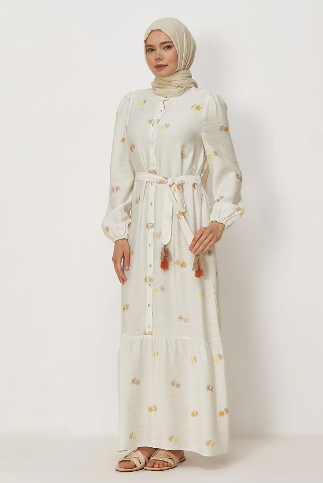 Hijab clothing BEIGE BELTED VISCOSE LINEN DRESS 46549 - ALVİNA