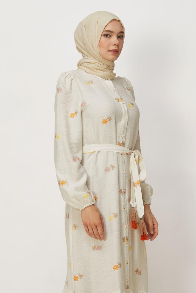 Hijab clothing BEIGE BELTED VISCOSE LINEN DRESS 46549 - ALVİNA