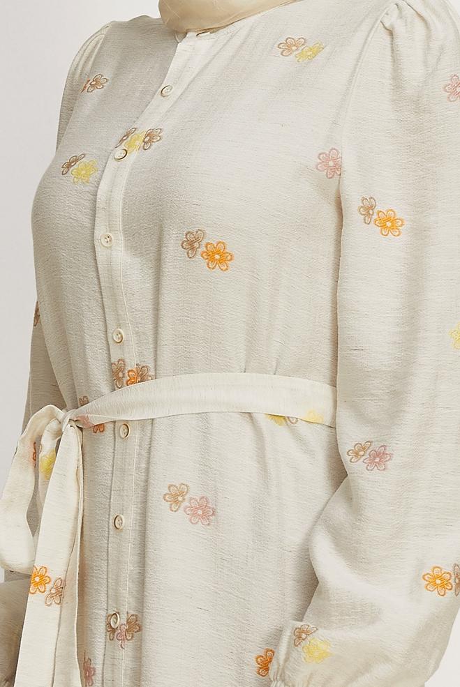 Hijab clothing BEIGE BELTED VISCOSE LINEN DRESS 46549 - ALVİNA