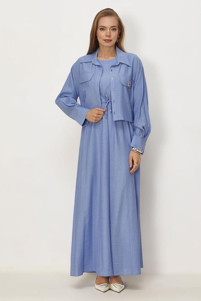 Vêtements hijab BLEU ENSEMBLE ROBE TAILLE SMOCKÉE 46562 - ALVİNA