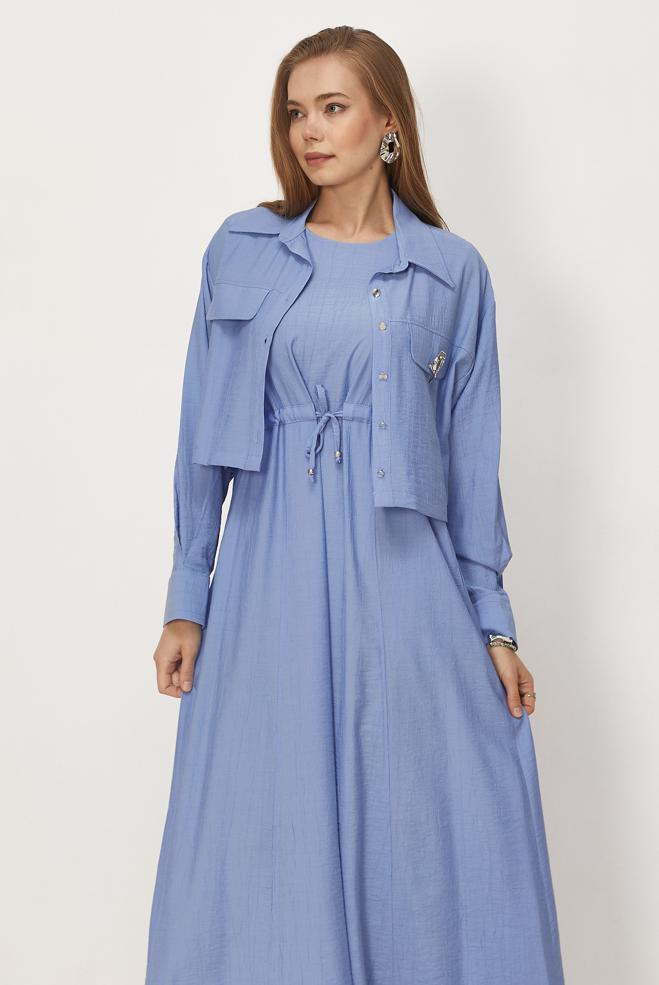 Vêtements hijab BLEU ENSEMBLE ROBE TAILLE SMOCKÉE 46562 - ALVİNA