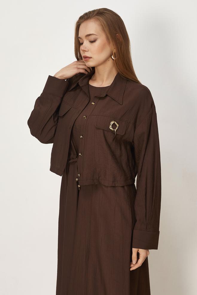 Vêtements hijab BRUN ENSEMBLE ROBE TAILLE SMOCKÉE 46562 - ALVİNA
