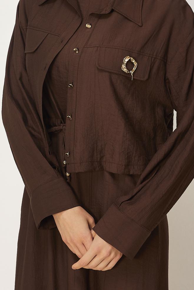 Vêtements hijab BRUN ENSEMBLE ROBE TAILLE SMOCKÉE 46562 - ALVİNA