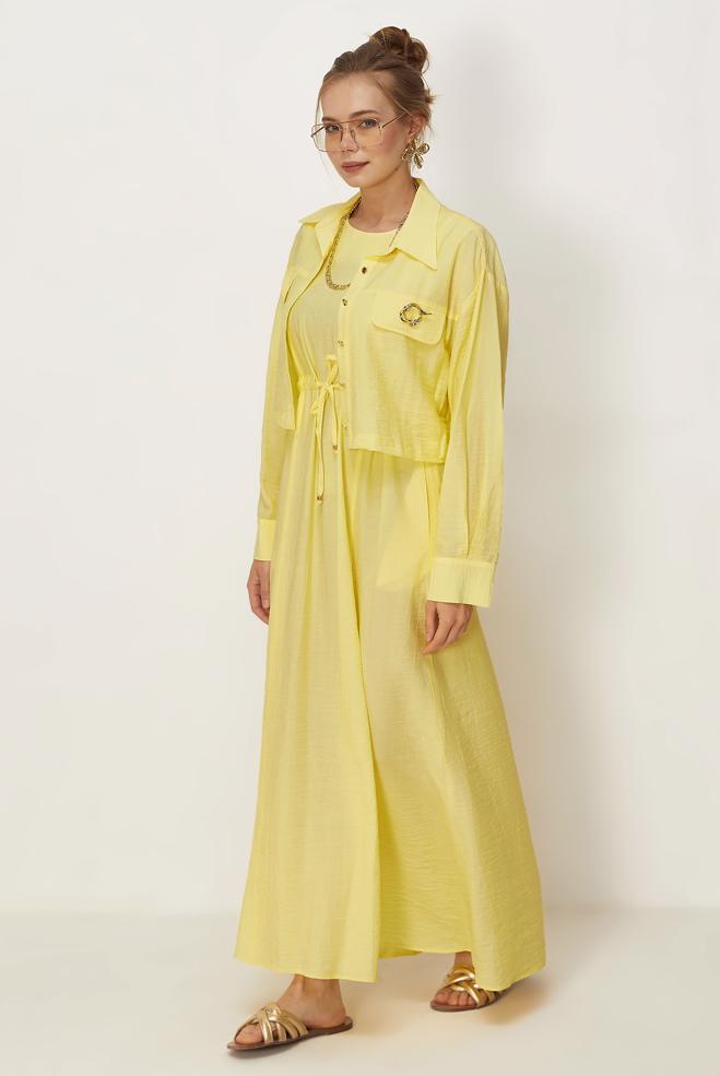 Vêtements hijab BEIGE ENSEMBLE ROBE TAILLE SMOCKÉE 46562 - ALVİNA